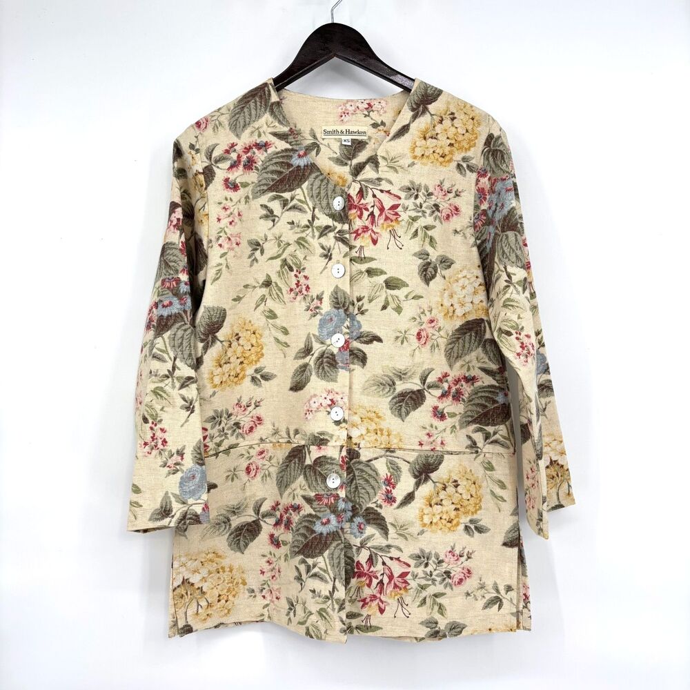 SMITH & HAWKEN Botanical Heirloom Chore Jacket XS Floral Cotton/Linen Tan VTG